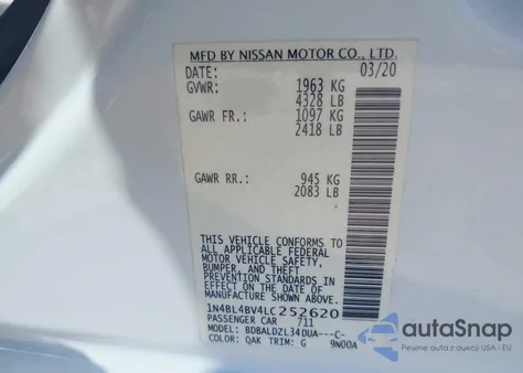 2020 Nissan Altima S Fwd z USA, uszkodzony, nr VIN 1N4BL4BV4LC252620